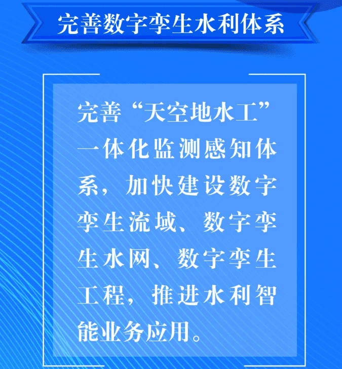 四、要完善数字孪生水利体系。完善“天空地水工”一体化监测感知体系，加快建设数字孪生流域、数字孪生水网、数字孪生工程，推进水利智能业务应用。.png